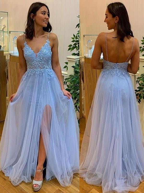 V Neck Sky Blue Lace Prom Dresses, Sky ...